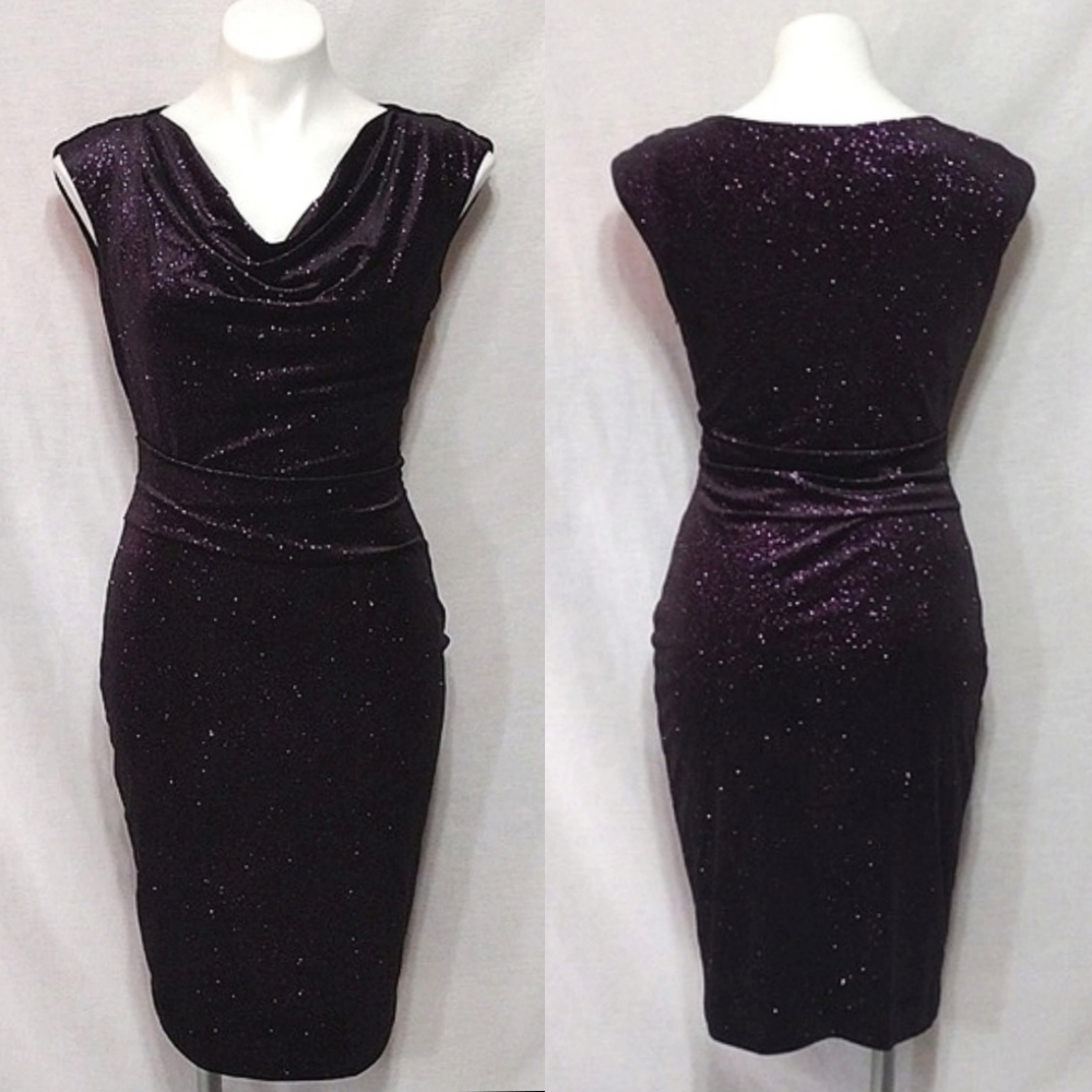 JH Evenings Purple Glitter Velvet Dress 4 Cowl Neck Stretch Drape Formal Party
